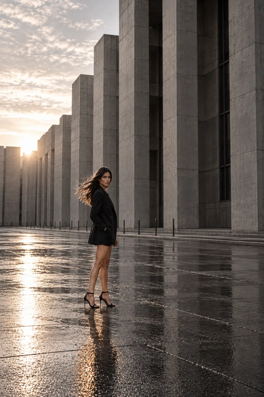 Rebecca in una piazza di architettura brutalista all'alba
