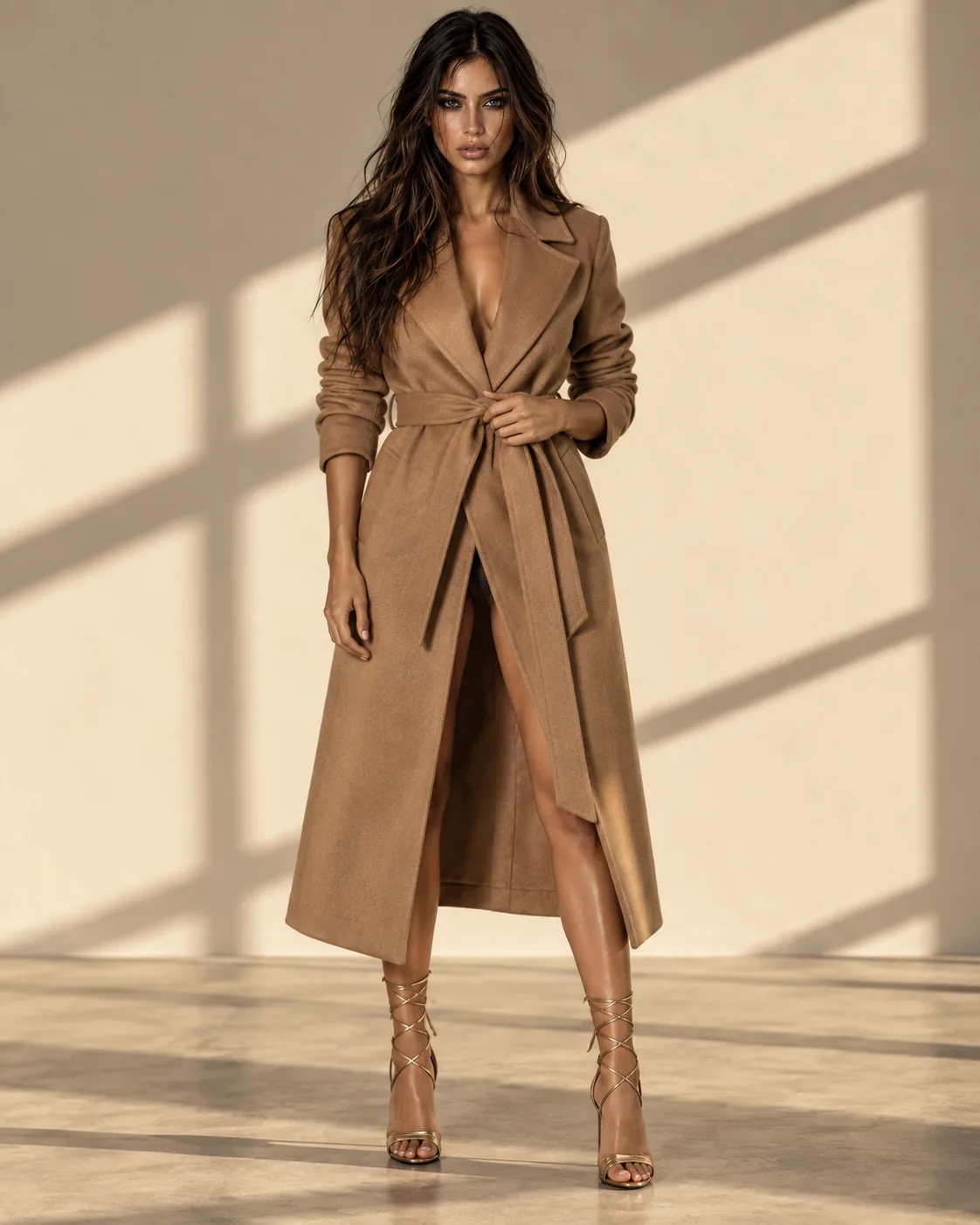 Rebecca in cappotto cammello in luce geometrica