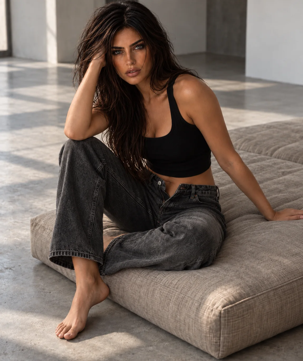 Rebecca sul futon con top nero e jeans slacciati