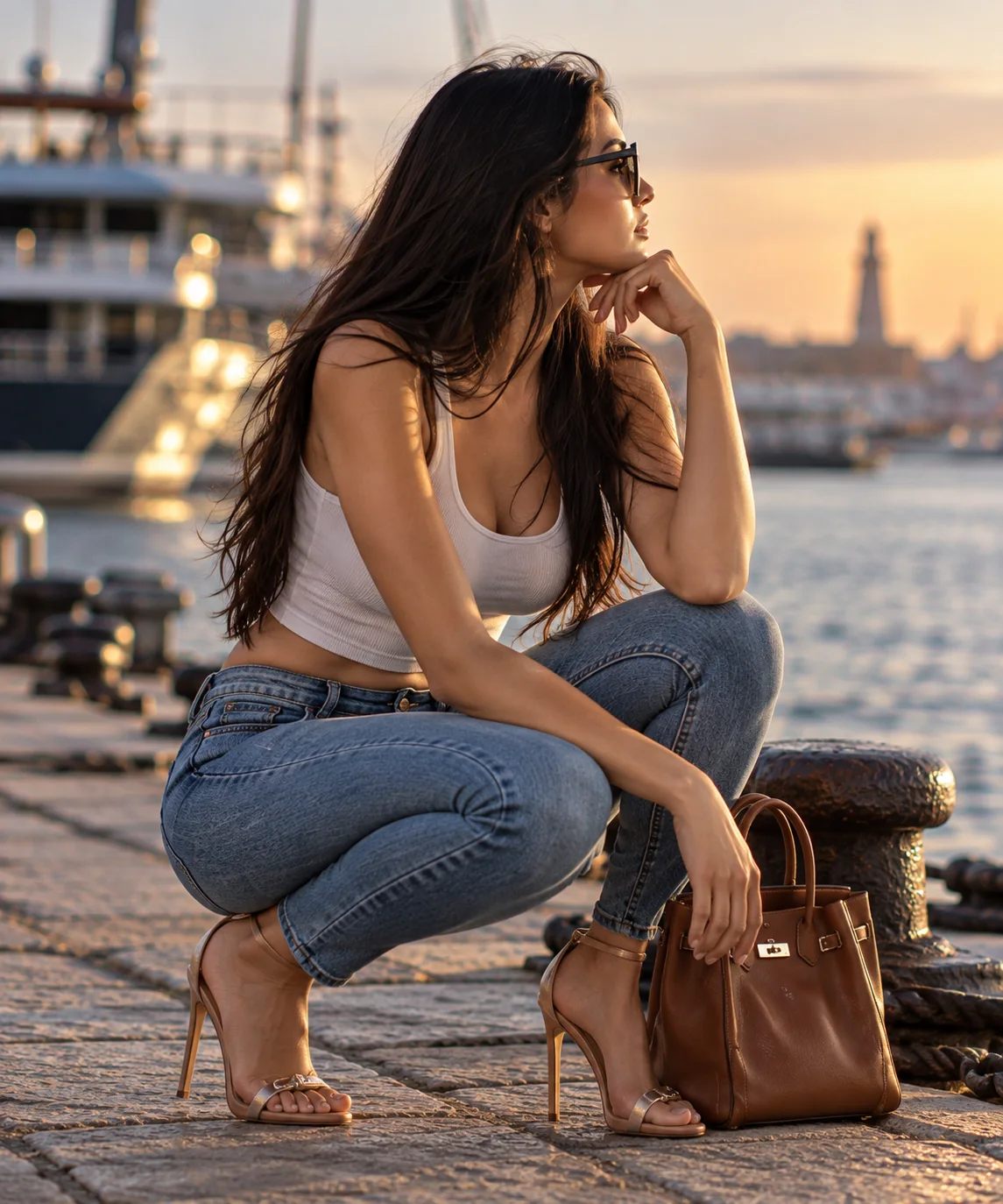 Rebecca seduta sul molo davanti al mare