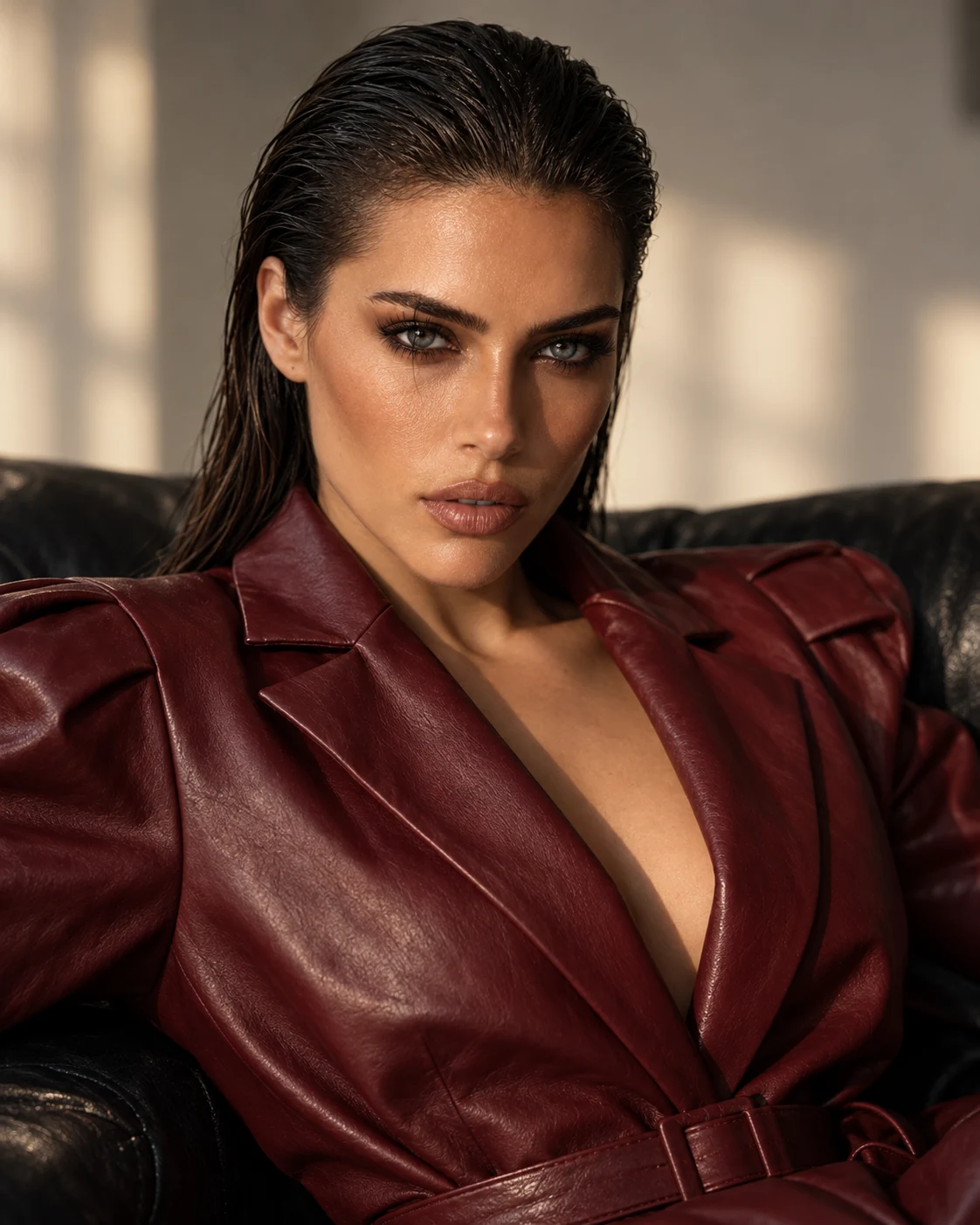 Ritratto frontale di Rebecca con capelli tirati indietro e cappotto in pelle bordeaux