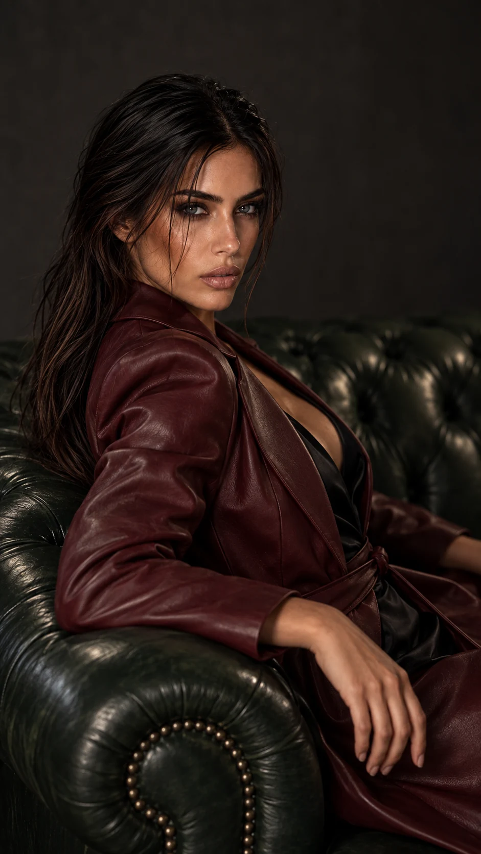 Rebecca di tre quarti sul divano Chesterfield in un cappotto bordeaux